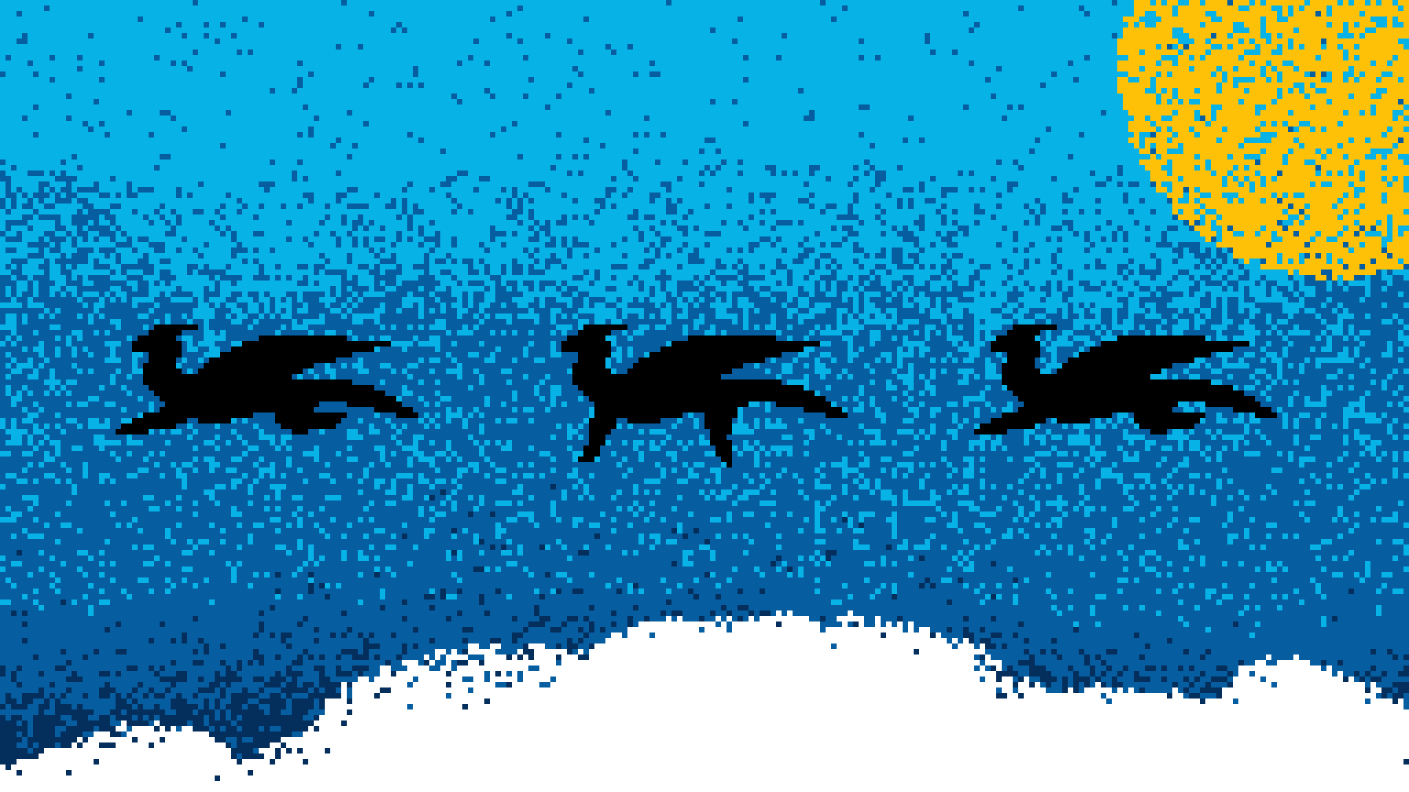 a pixel-art drawing of dragon silhouettes flying on a sunny day.