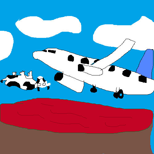 Cow doing backflip off plane into lava pit
