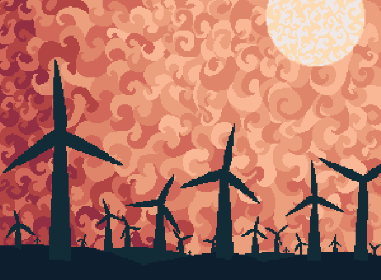 Windmills on a blazing sky